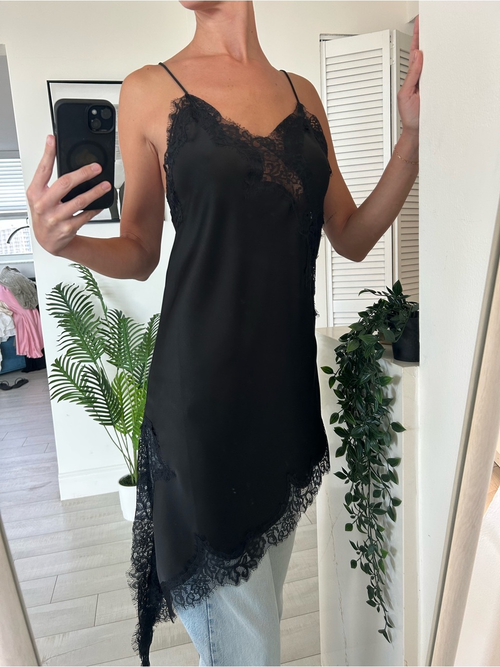 Black Lace Trim Satin Slip Dress -